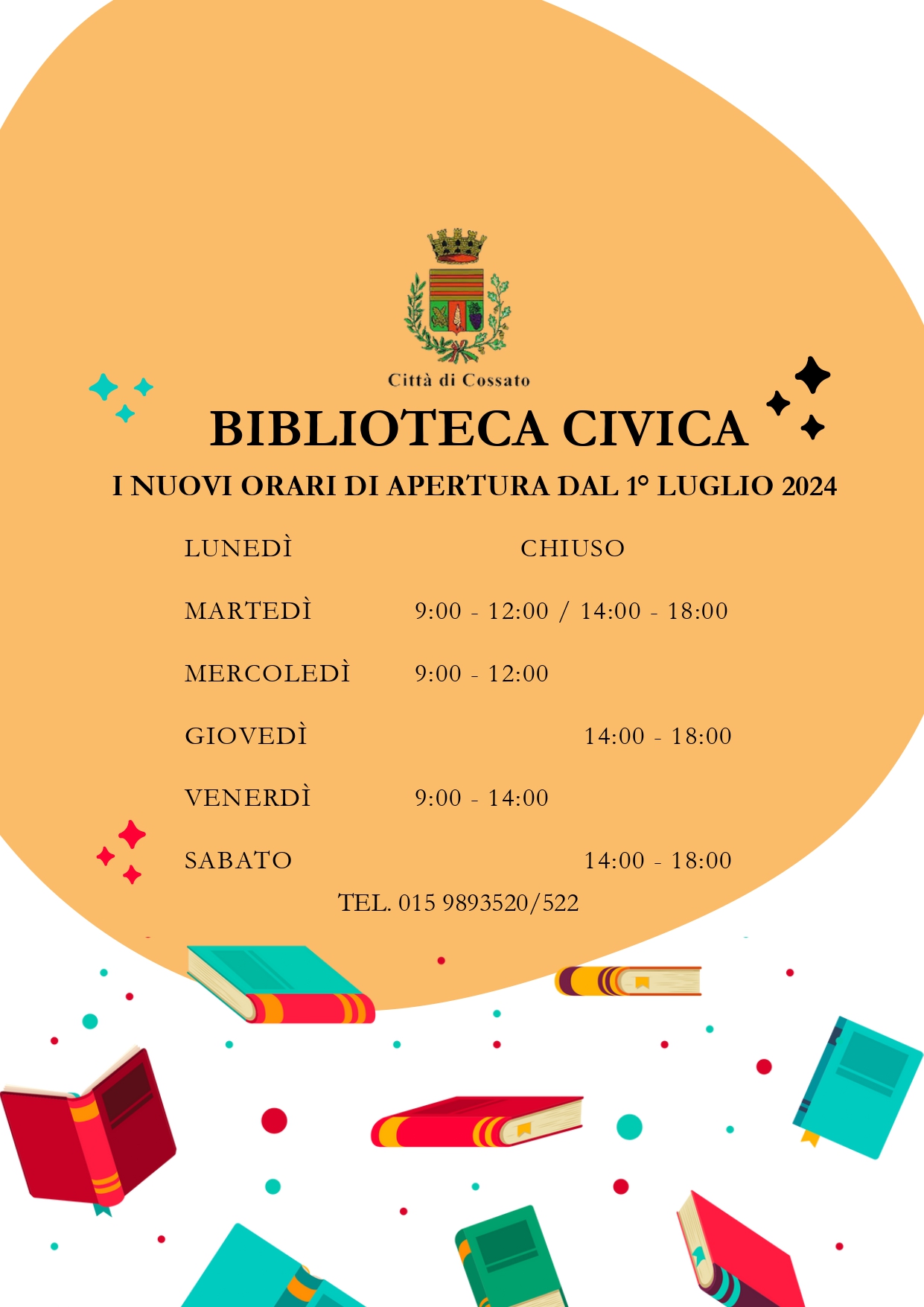 BIBLIOTECA COMUNALE : ORARIO IN VIGORE DAL 01 LUGLIO 2024