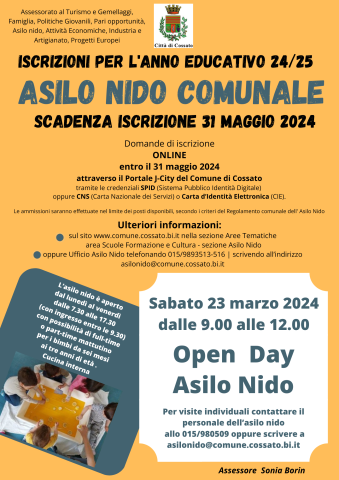 ISCRIZIONI ASILO NIDO COMUNALE ANNO EDUCATIVO 2024/2025 - SCADENZA 31/05/2024